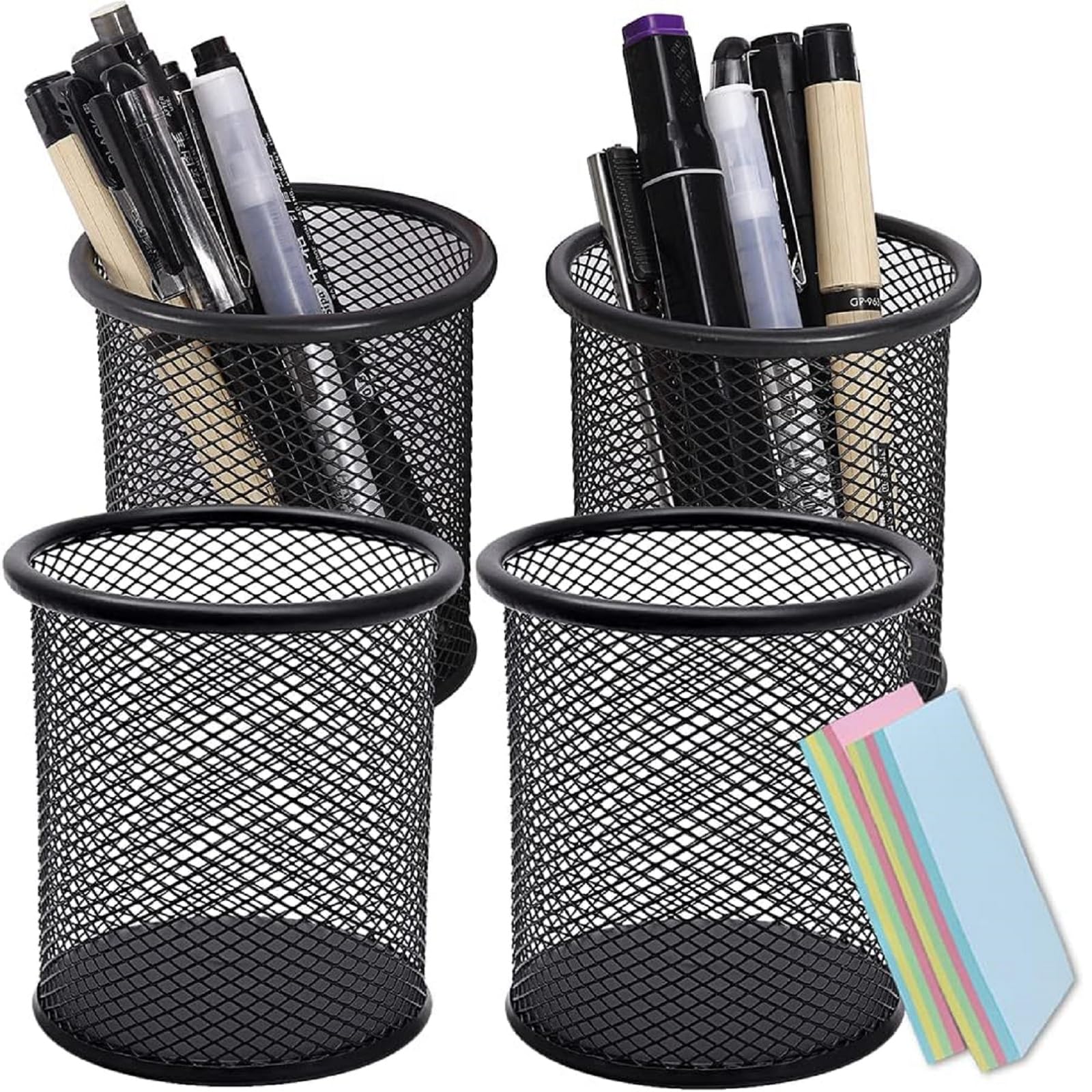 DARUITE Pen Holder, 4PCS Round Metal Mesh Pen Pots for Desk, Multifunctional Pencil Pot, Desk Tidy Organiser for Office Home School, Black