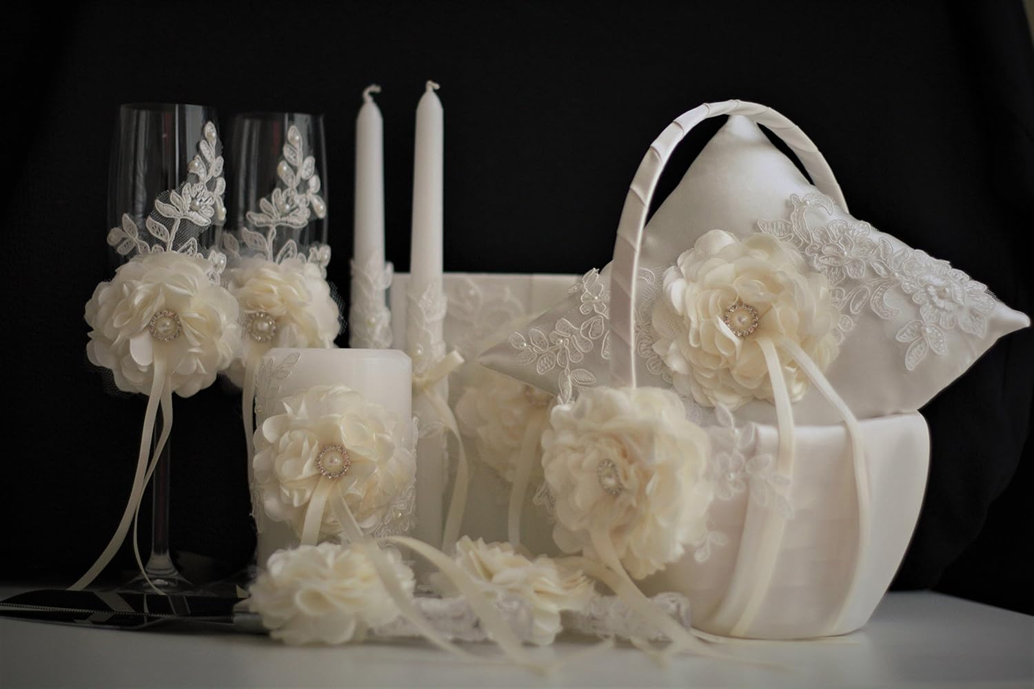 Flower Girl Basket Wedding Ring Bearer Pillow Set Ivory Lace