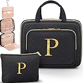 Gifts for Women, Initial Toiletry Makeup Bag Hanging Cosmetic Organizer with Embroidery Letter Personalized Nurse Teacher Appreciation Birthday Valentines Day Gifts for Mom Sister Wife Friends Auntie