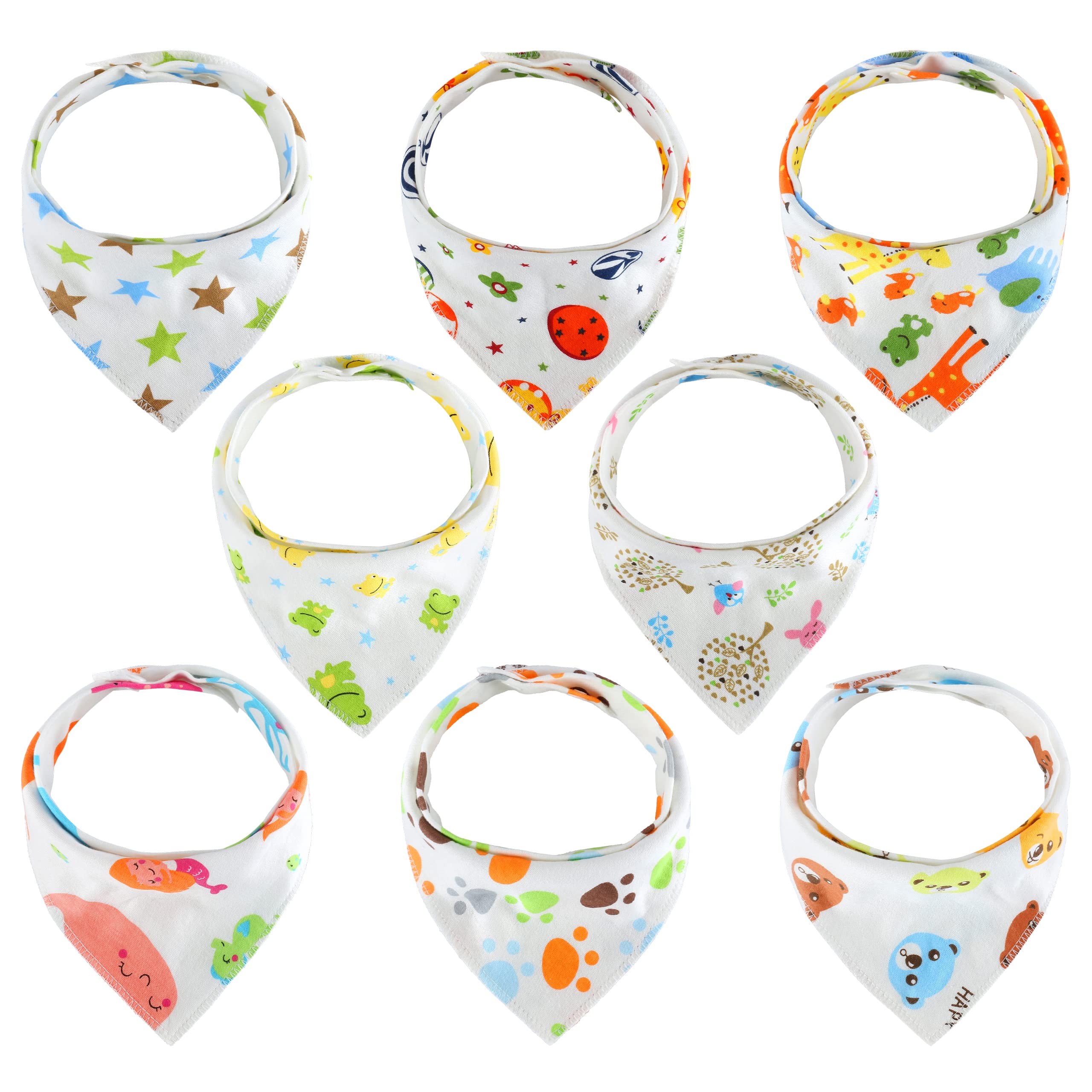 welsberg 8 Baby Bandana Bibs, 100% Organic Cotton Dribble Bibs for Boys and Girls 0-36 months, Unisex Absorbent Bibs with Press Studs for Drooling Teething Feeding Nursing