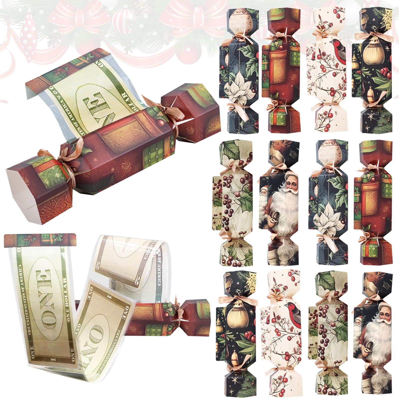 Photo 1 of 12 Pcs Christmas Surprise Money Pull Pouch Christmas Money Box for Cash Gift Pull Xmas Money Holders for Cash for Kid Adult with 120 Pcs Transparent Bag Creative Way to Give Dollar Gift (Vintage)