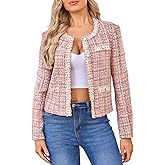 Csvinkiko Women's Tweed Blazers Cropped Long Sleeve Crewneck Open Front Lace Trim Lightweight Plaid Work Business Jackets