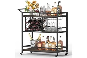 FATORRI Bar Cart for The Home with Wine Rack and Glasses Holder, Small Home Bar Serving Cart on Wheels for Liquor and Alcohol (Walnut Brown)