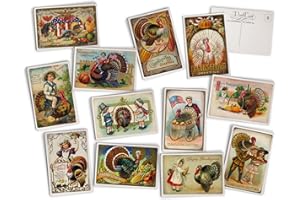 Hill Valley Greetings Antique Thanksgiving Turkey Post Cards - 24 Vintage Thanksgiving Postcards - Assorted Retro Thanksgiving Cards Printed on Vintage Textured Style Cardstock