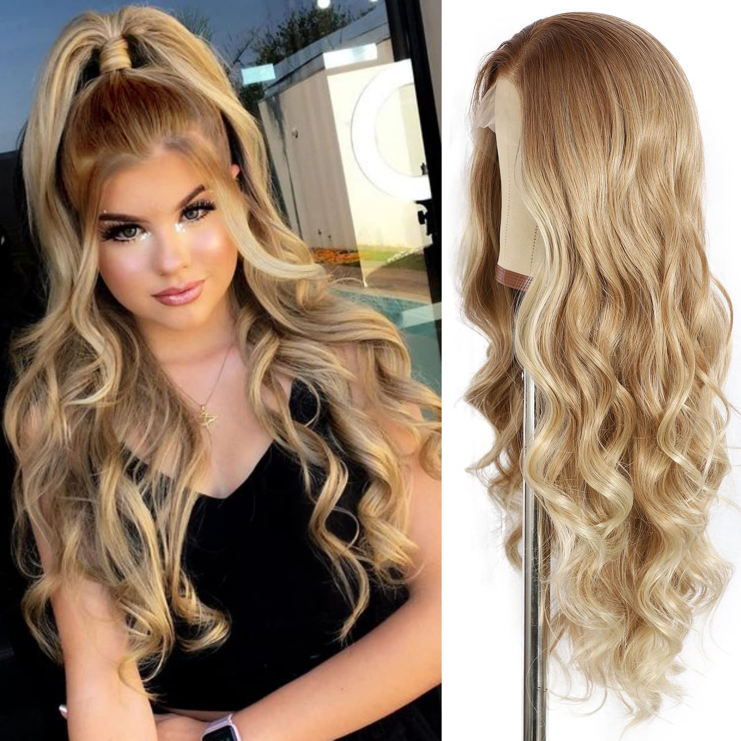 Photo 1 of SAPPHIREWIGS Long Curly Wavy Lace Front Wig for Women Pre-plucked Ombre Honey Blonde Wig Long Heat Resistant Hair Synthetic Wigs for Daily Party Wig 24 Inches