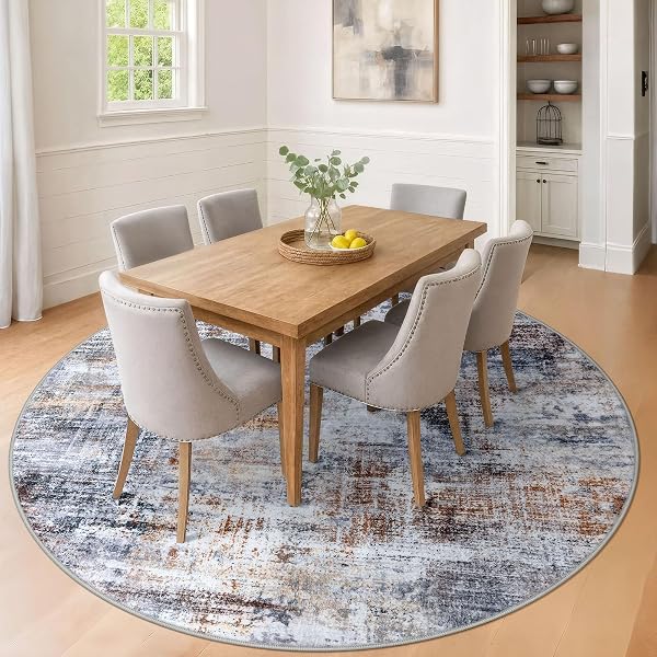 IOHOUZE ABSTRACT ROUND AREA RUG 8 FT WASHABLE CIRCLE RUGS LARGE ROUND RUG NON SLIP THIN SOFT CIRCLE RUGS, PRINTED FAUX WOOL FLOOR CARPET FOR BEDROOM LIVING ROOM DINING ROOM NURSERY, ORANGE GREY