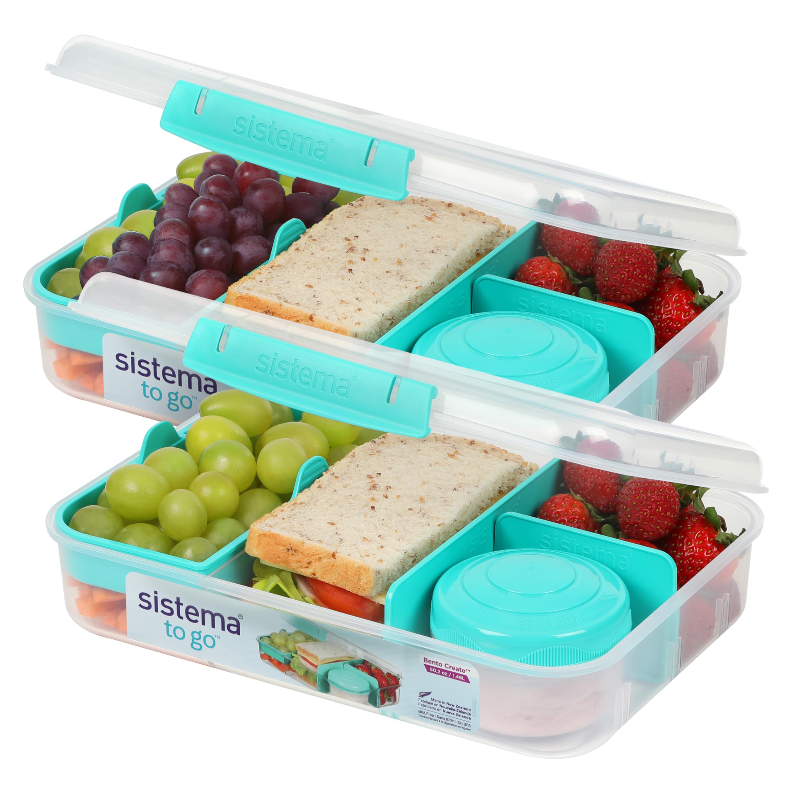 Sistema TO GO Bento Box Create | 1.48 L | School Lunch Boxes With Compartments & Snack Pot | BPA-Free | 2 Count | Minty Teal