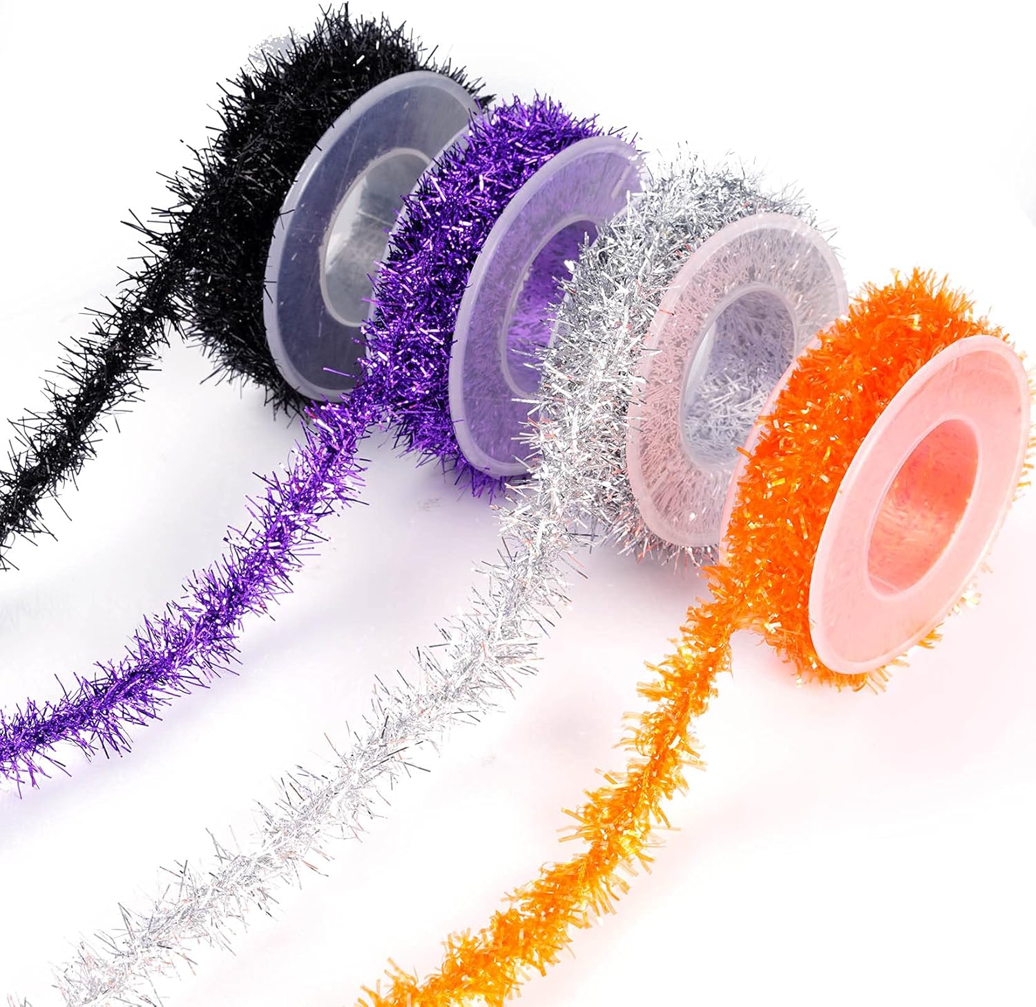 Wreaths, Garlands & Swags - Tongcloud 4 Rolls Halloween Tinsel Ribbon Metallic Garland Tinsel Garland Halloween Metallic Tinsel Ribbon Glitter Tinsel Ribbon Party (Orange, Purple, Black, Silver, 9.8feetx0.7inches)