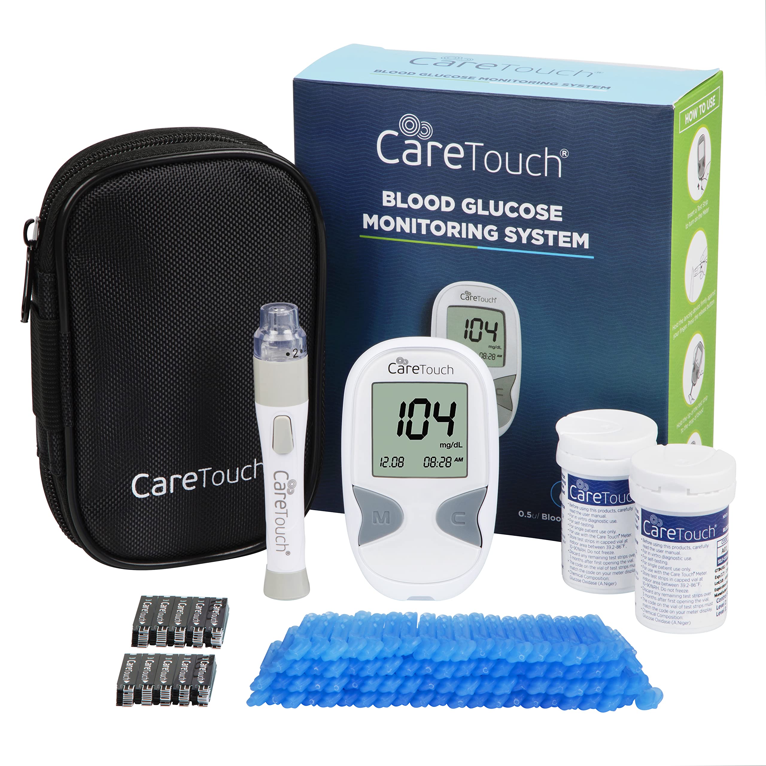 Care Touch Blood Glucose Monitor Kit-Diabetes Testing Kit w/1 Glucometer 100 Caretouch Blood Glucose Test Strips 1 Lancing Device 100 Lancets & Travel Case-Blood Glucose Monitors, Blood Sugar Test Kit