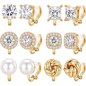 Turandoss 6 Pairs Gold Clip On Earrings for Women | 14K Gold Plated Hypoallergenic Non Pierced Earring, Pearl Knot & Cubic Zi