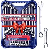 HITORK 32 Piece Wrench Set SAE & Metric 20 Standard & 12 Stubby Combination Wrenches Cr-V Steel 12-Point Mirror Finish 15° Offset with Organizer Tray Ideal for Auto & Home Repair