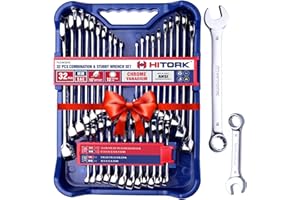 HITORK 32 Piece Wrench Set SAE & Metric 20 Standard & 12 Stubby Combination Wrenches Cr-V Steel 12-Point Mirror Finish 15° Offset with Organizer Tray Ideal for Auto & Home Repair