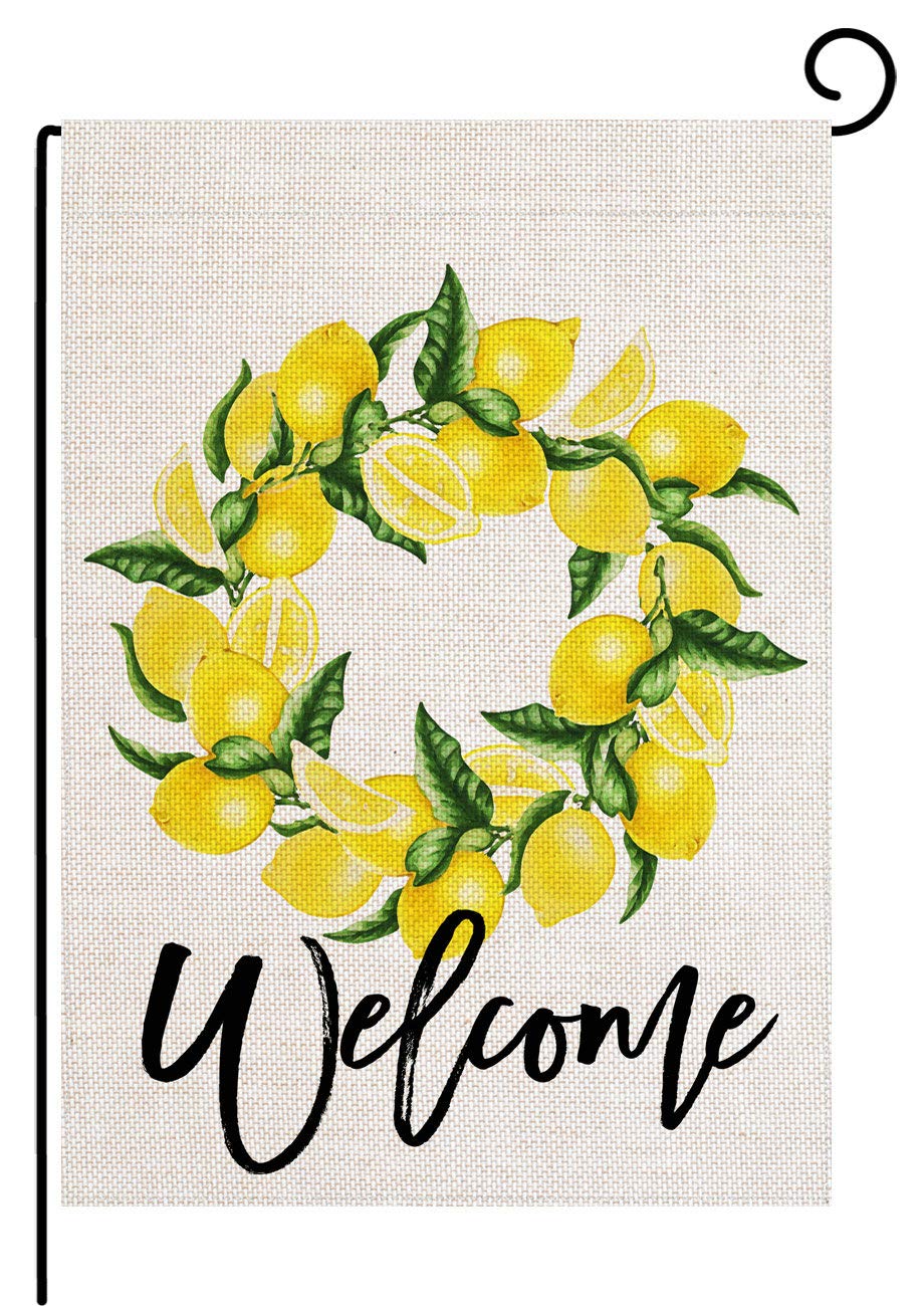 pingpi Welcome Lemon Wreath Garden Flag Double Sided Sweet Summer, Lemon House Yard Flag, Lemon Garden Yard Decorations, Home Decorative Floral Seasonal Outdoor Flag 12.5 x 18
