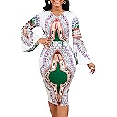 Women Sexy Dresses Bodycon Church 3/4 Sleeve African Print Pencil Party Office Dress Work with Split