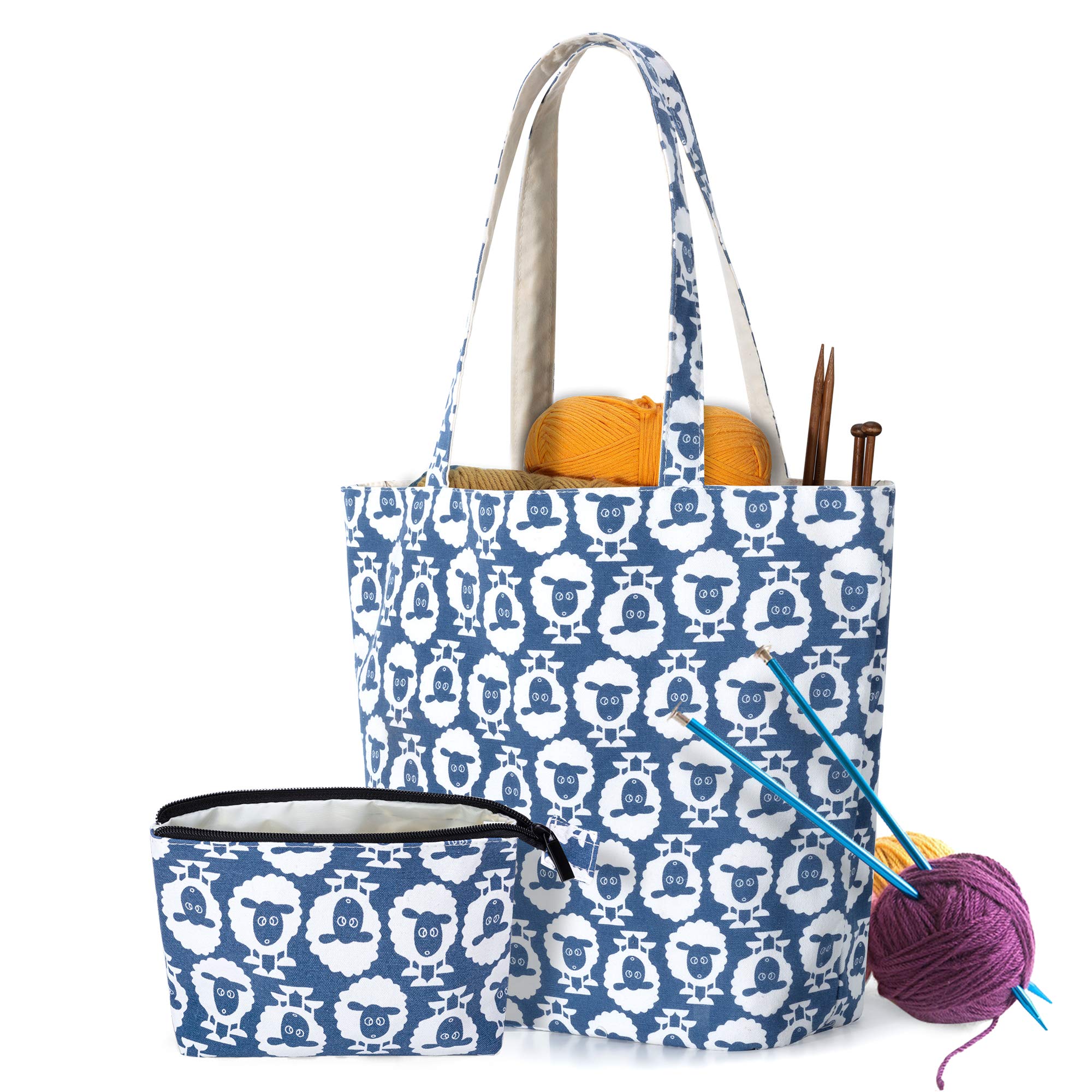 Yarwo Knitting Bag with Small Zipper Pouch, Yarn Storage Tote for Yarn, Knitting Needles or Other Knitting Supplies, Sheep