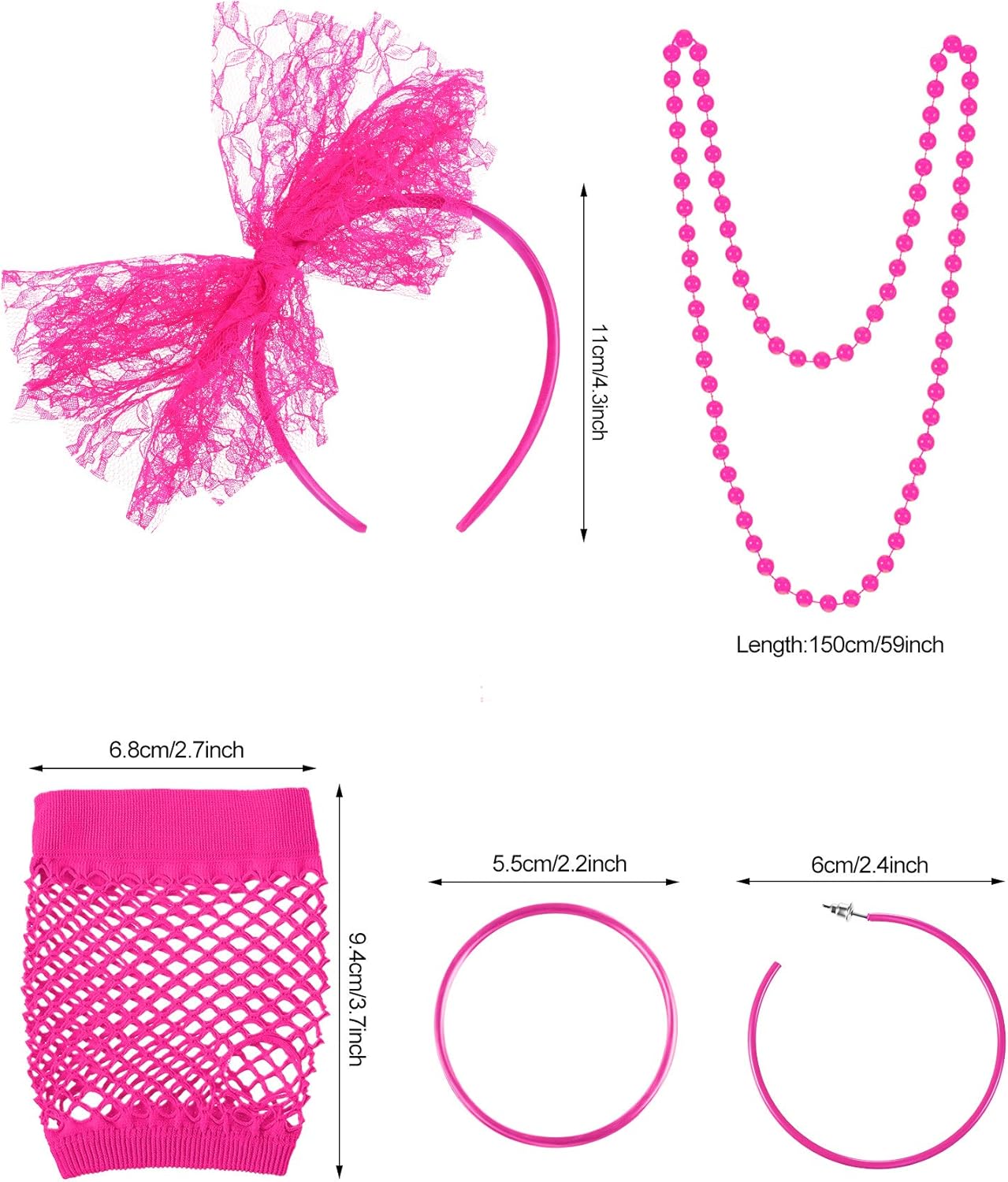 80s Fancy Dress Costume Accessories Lace Headband Earrings Fishnet Gloves Necklace Bracelet for 80s Retro Party (Rose Red): Clothing