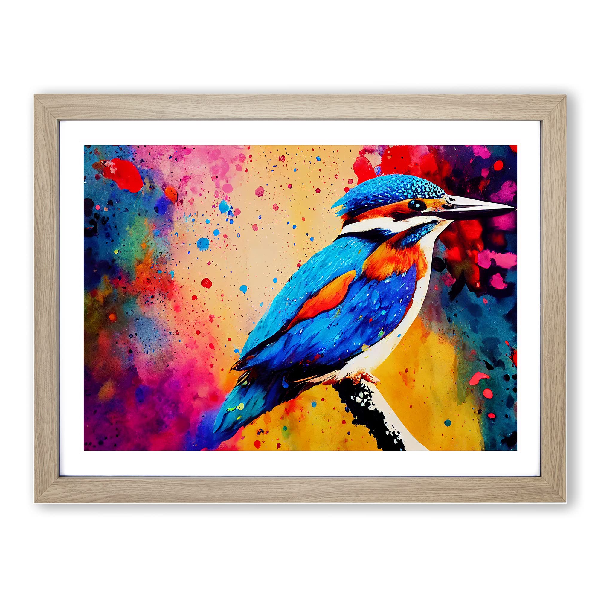 Kingfisher Bird Splashed Vol.1 Abstract Framed Print | A4 Oak Framed Wall Art | Ready to Hang | Abstract Fantasy Picture | Living Room Bedroom Lounge Office
