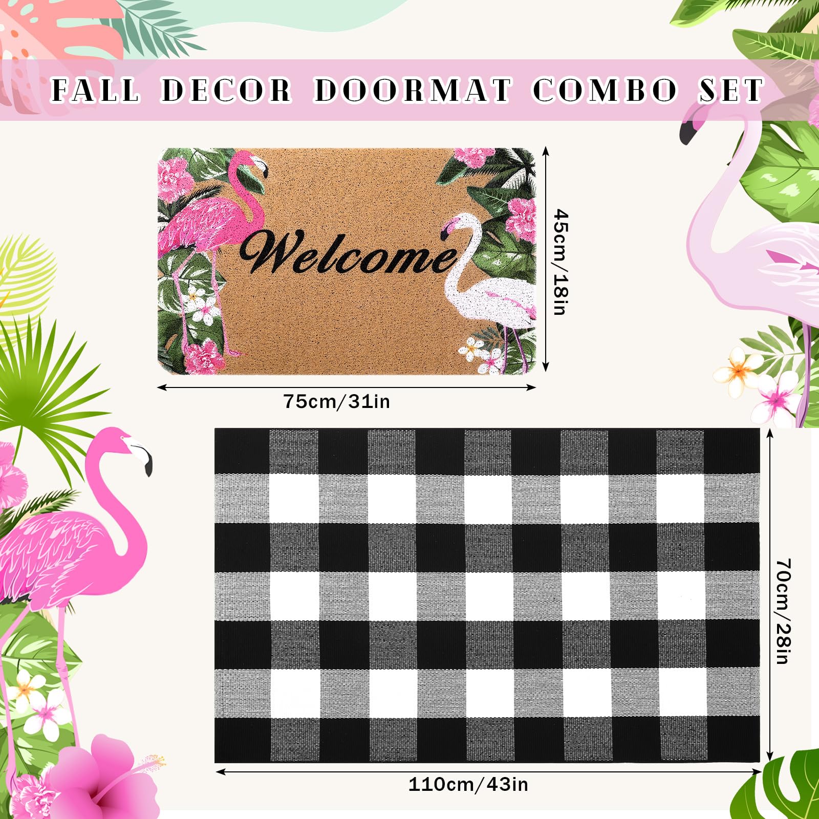 FuWeave 2 Pcs Flamingo Doormat Rug Outdoor Welcome Mat Set Coir Door Mat and 27.5"x 43" Black and White Checkered Cotton Buffalo Plaid Layering Rug for Party Front Porch Summer Decoration Bathroom - Image 2
