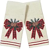 Christmas Bathroom Hand Towels- Set of 2 Beige Ivory 100% Cotton Embroidered Applique and Holiday Bow with Festive Decor and Stitched Hem Design - 16” x 25” Decorative Bath & Kitchen Towels