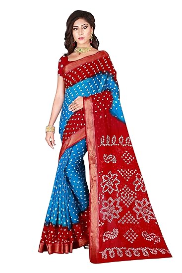 Buy Silzia Women Red And Aquablue Cotton Bandhani Half And Half Saree With Blouse Piece Dani Collection At Amazon In