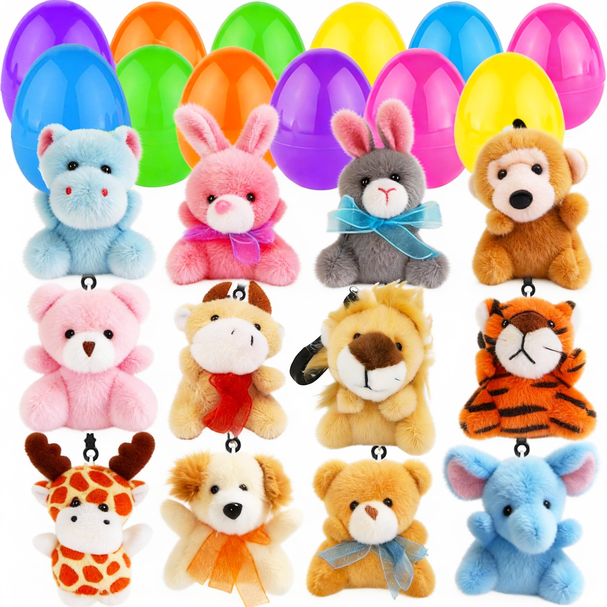 CAMIRUS 12 Packs Filled Easter Eggs with Mini Plush Animal Toys, Cute Stuffed Animals Keychains Filled Surprise Plastic Eggs for Kids Easter Basket Stuffers Hunt, Party Favors Supplies