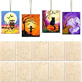 COCHIE 10PCS Large Halloween Unfinished Wood Crafts to Paint for Adults Kids, Bulk Predrilled Wooden Ornaments for Painting, Halloween Ghost Paintable Wood Slices Craft Supplies with Ropes