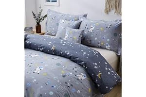 Brandream Boys Space Astronaut Bedding Kids Bedding Sets Queen Size Grey 100% Cotton Duvet Cover Sets Reversible Zipper Closure(No Comforter Included)