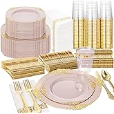 Nervure 350PCS Pink Plastic Plates - Pink Plastic Dinnerware Sets for 50 Guests - 100 Disposable Plates, 150 Gold Silverware, 50 Cups, 50 Napkins Perfect for Wedding & Party & Valentines