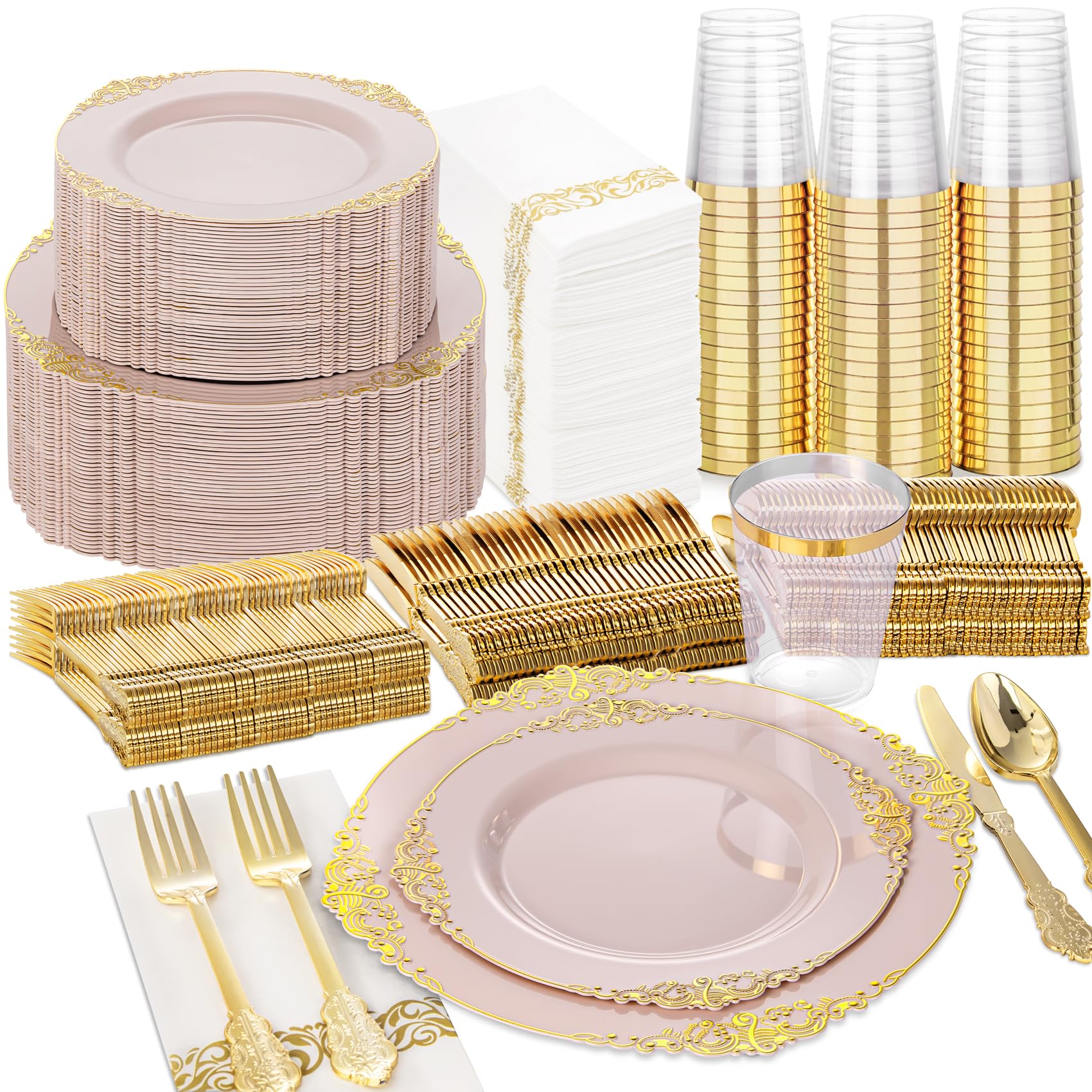 Photo 1 of Nervure 350PCS Pink Plastic Plates - Pink Dinnerware Sets for 50 Guests - 100 Disposable Plates, 150 Gold Plastic Silverware, 50 Cups, 50 Napkins for Wedding & Party