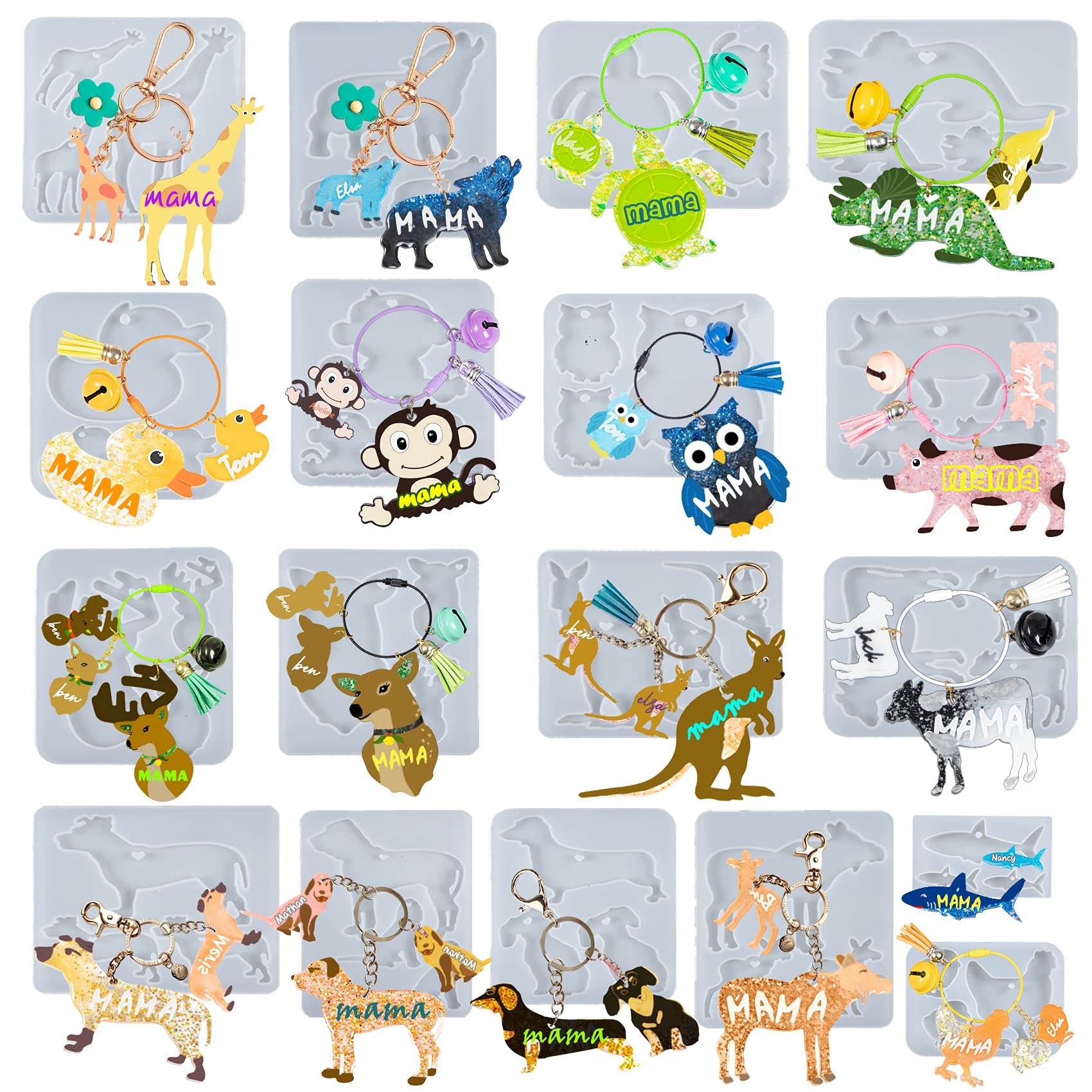 musykrafties Keychain Charms Epoxy Resin Silicone Moulds 18-count Set Mama and Baby Wolf, Dinosaur, Deer, Dog, Monkey, Owl, Turtle, Giraffe, Kangaroo, Pig, Fawn, Cow, Duck