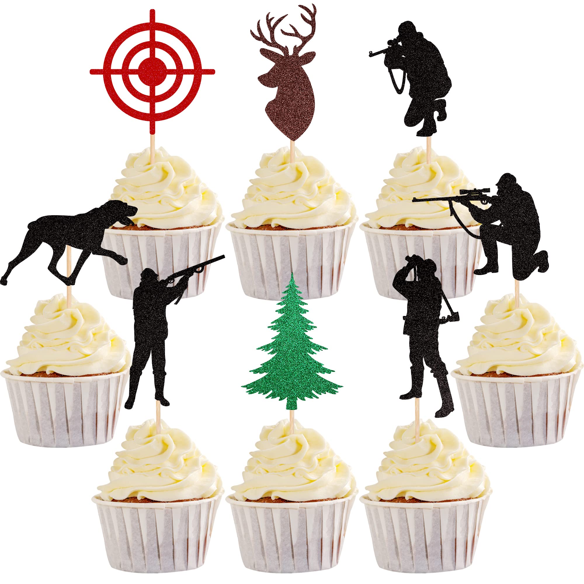 SYKYCTCY 24 Pack Hunting Cupcake Toppers Glitter Tree Deer Hound Target Hunter Cupcake Picks Woodland Hunting Theme Baby Shower Boys Girls Birthday Party Cake Decorations Supplies