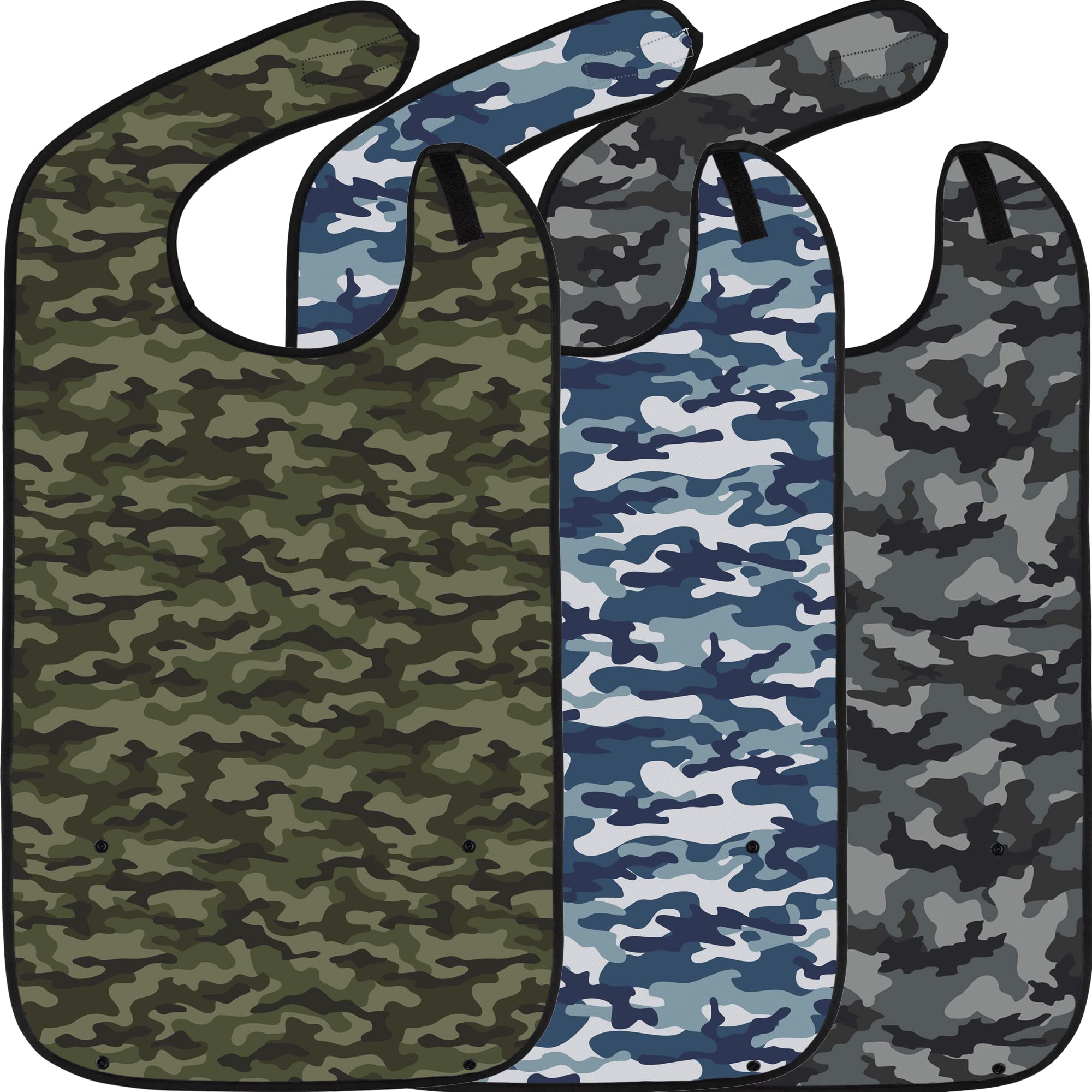 Adult Bibs for Eating: Reusable Bib with Crumb Catcher Pocket - For Men and Women (Camo 3 Pack)