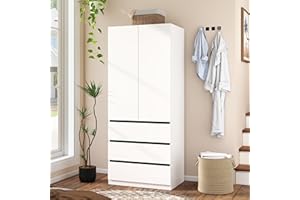 Mhsatyrs Armoire Wardrobe Closet with Drawers：75" Large White Wardrobe Closet Cabinet with 2 Doors for Hanging Clothes, Modern Wooden Bedroom Armoires with 3 Drawers and Storage (B-Style, 31.5")