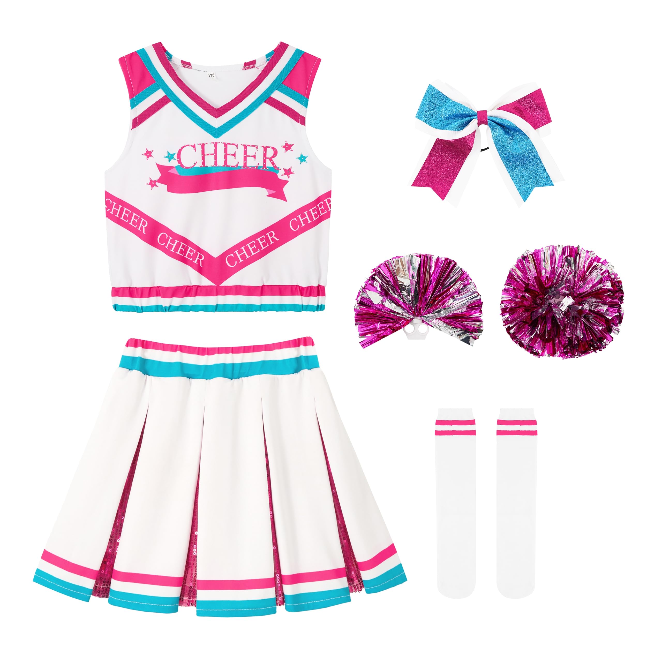 LOLANTA Girls Pink Cheerleader Costume Kids Cheerleading Outfit with Pompoms Socks, World Book Day Costumes for Girls(Pink,10-11 Years,Tag Size 150)