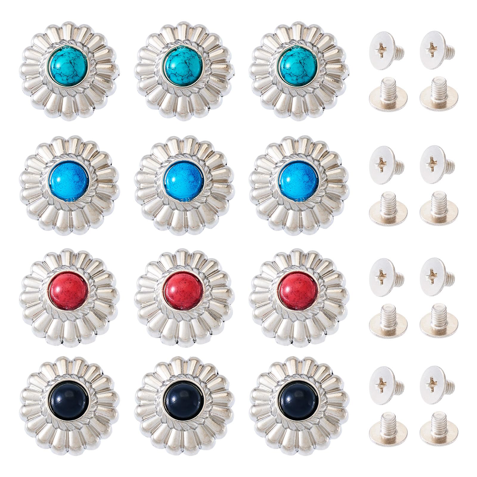 Spritewelry 16 Sets Tibetan Alloy Decorative Rivets Studs Faux Turquoise Round Silver Vintage Leather Rivets for Leather DIY Craft Clothes Bag Shoes