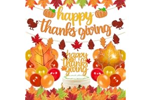 YOYMARR Thanksgiving Day Decorations Happy Thanksgiving Banner Thanks Giving Cake Topper Fall Maple Leaves Autumn Balloons for Thanks Giving Day Theme Party Glitter Gold Decorations