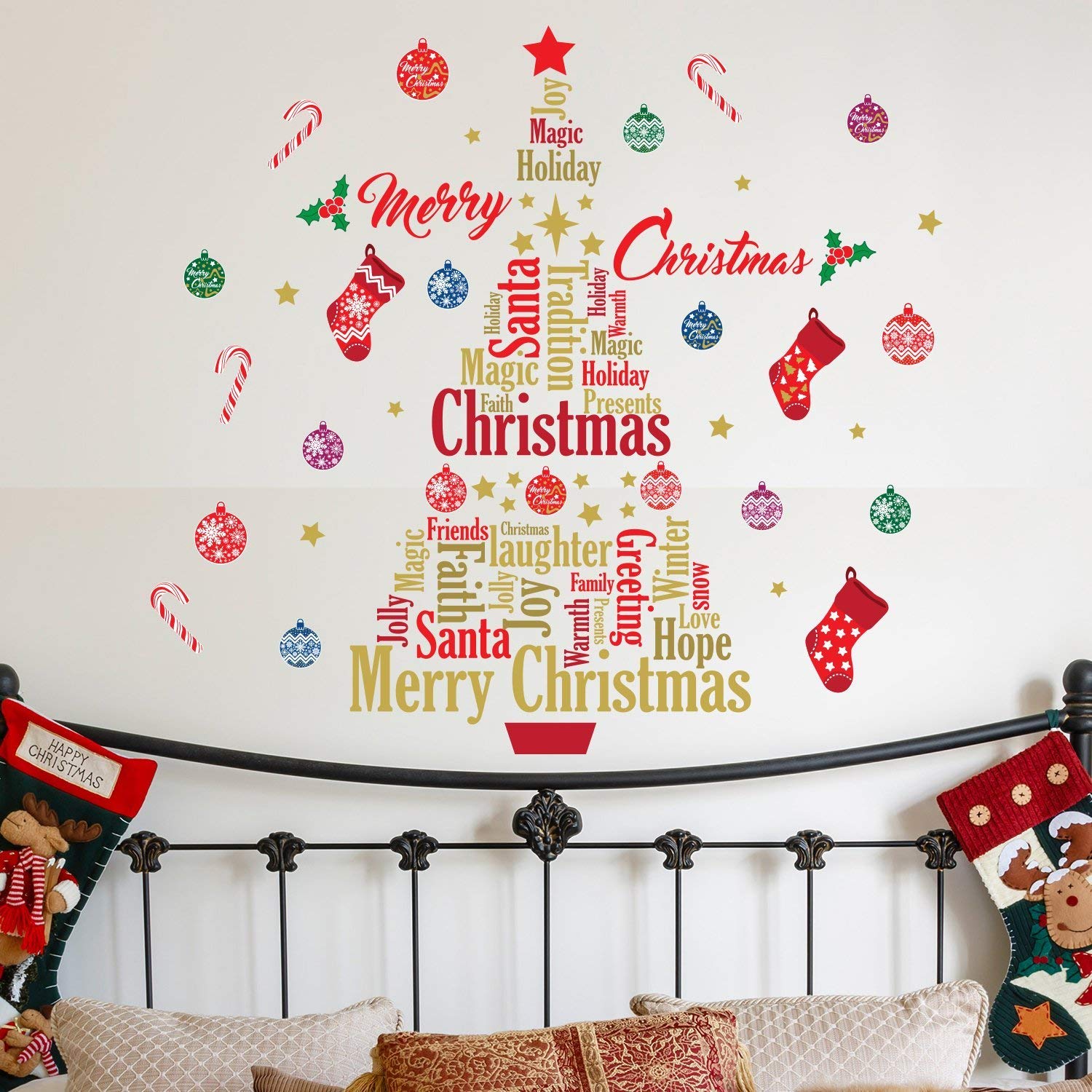 Wallflexi Christmas Decorations Wall Stickers " Merry Christmas with English Quotes Christmas Tree" Wall Murals Decals living Room Children Nursery School Restaurant Cafe Hotel Home Office Décor, multicolour