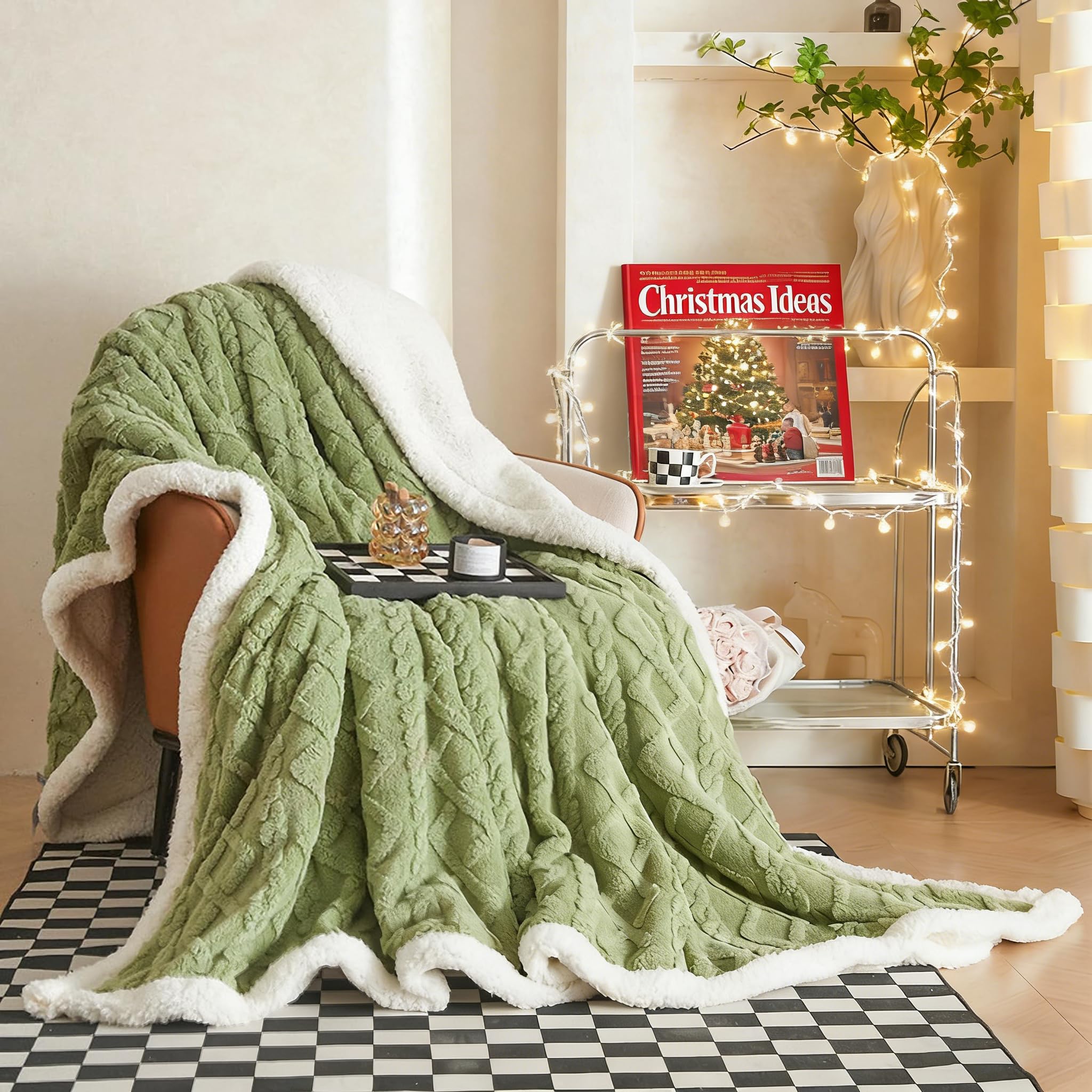 QOFLY Cuddly Fluffy Blanket, 150 x 200 cm, Green, Thick Warm Sherpa Jacquard Double-Sided Fleece Throw Blanket
