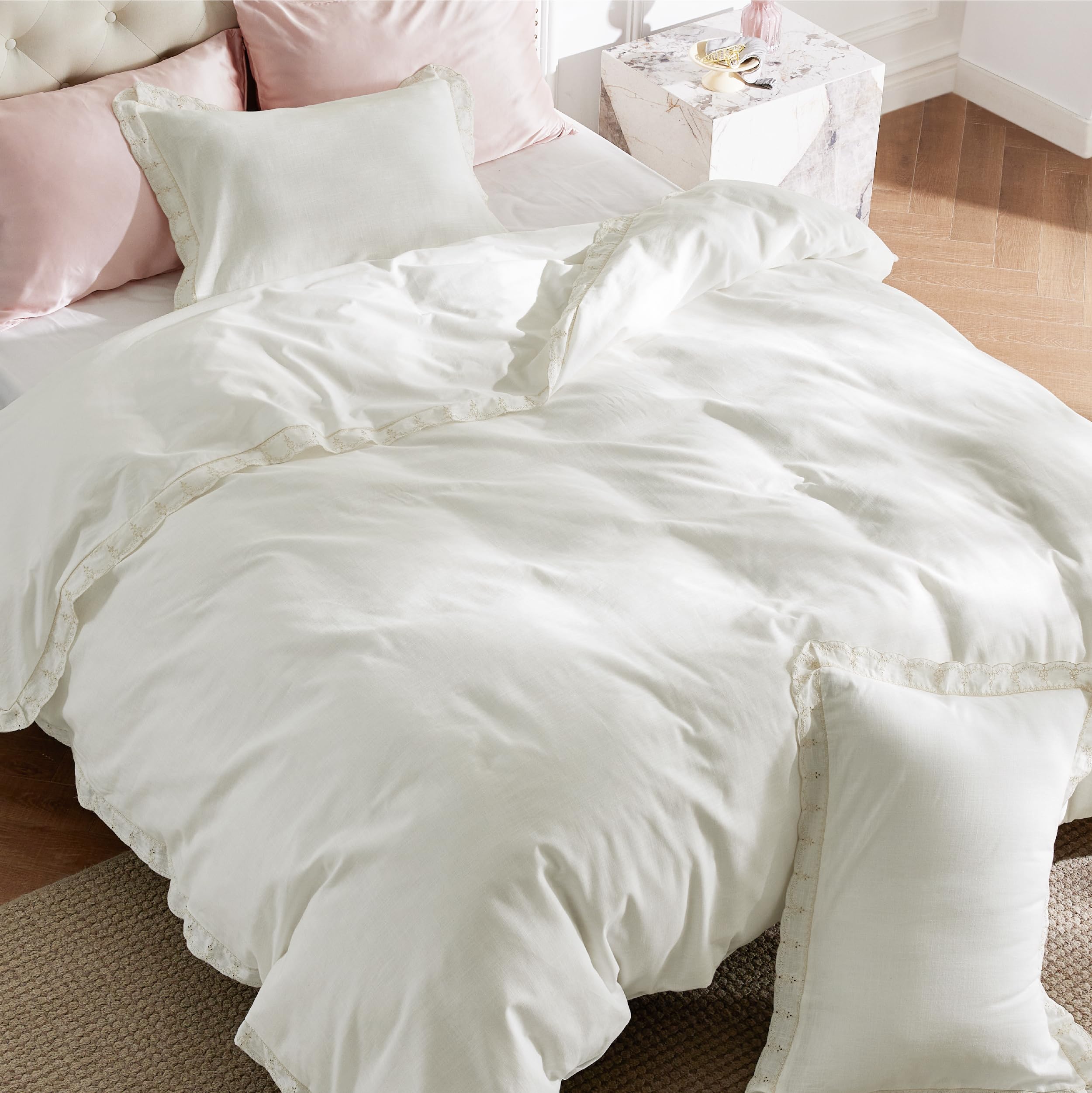Photo 1 of Bedsure Cotton Duvet Cover Queen Size - Cute Lace Textured Duvet Cover Set, Soft and Lightweight Gauze Boho Bedding Set for All Seasons (White, Queen, 90"x90")