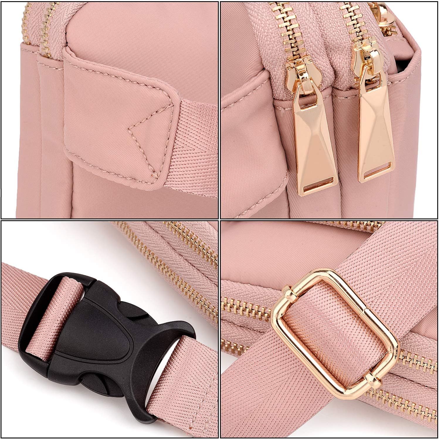 Bumbags for Ladies Sports Travel Fanny Pack Women Men Fashion Waist Packs Mother Mum Fits Mobile Phone Golden Zippers Waterproof Nylon by UTO Pink - Image 4
