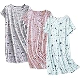 Inadays 3 Pack Women's Cotton Nightgown Sleepwear Short Sleeves Nightshirt Fun Print Sleepdress Loose Comfy Sleepshirts