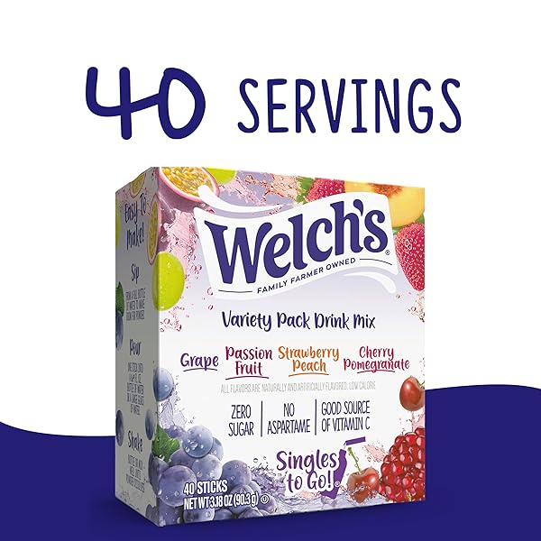 WELCH’S SINGLES TO GO VARIETY PACK, WATERTOK POWDERED DRINK MIX, INCLUDES 4 FLAVORS, GRAPE, PASSION FRUIT, STRAWBERRY PEACH, CHERRY POMEGRANATE, 1 BOX (40 SERVINGS)