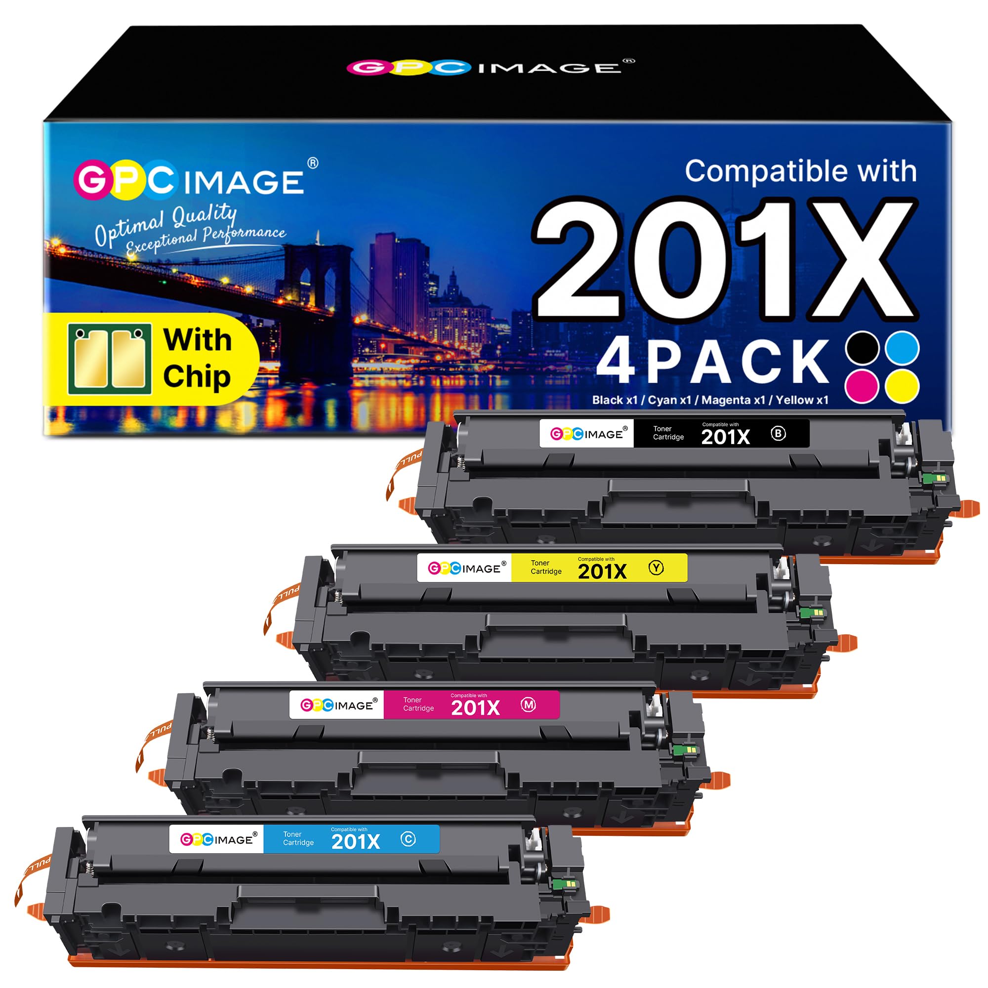 GPC Image 201X Toner Cartridges Compatible for HP 201X Toner Cartridge Multipack for HP Color LaserJet Pro MFP M277dw M252dw M274n M277c6 M252n M277n CF400X CF401X CF402X CF403X (BK/C/M/Y, 4-Pack)