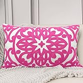 Alysheer Embroidered Lumbar Decorative Throw Pillow Cover 12"x 20", Classic Boho Mandala Embroidery Pattern Cotton Rectangular Cushion Case for Sofa Couch Living Room Bedroom(Bright Hot Pink)