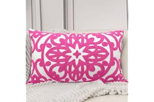 Alysheer Embroidered Lumbar Decorative Throw Pillow Cover 12"x 20", Classic Boho Mandala Embroidery Pattern Cotton Rectangular Cushion Case for Sofa Couch Living Room Bedroom(Bright Hot Pink)