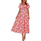 Okiwam Womens Summer Dresses 2026 Spring Floral Maxi Sundress Puff Sleeve Smocked Flowy Beach Vacation Wedding Guest Dress