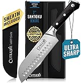 Cutluxe Santoku Knife – 7" Chopping Knife, Meat and Vegetable Knife – Forged High Carbon German Steel – Sheath Included – Full Tang & Razor Sharp – Ergonomic Handle Design – Artisan Series