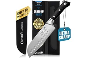 Cutluxe Santoku Knife – 7" Chopping Knife, Vegetable Knife – Forged High Carbon German Steel, Sheath Included, Full Tang, Raz