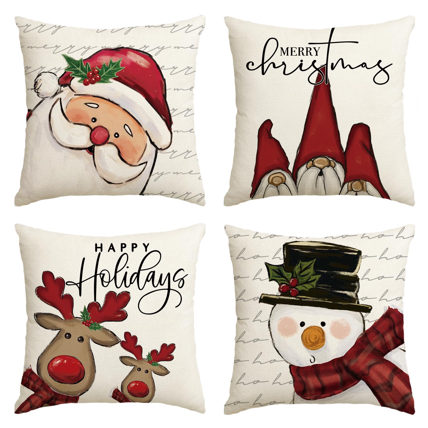 Artoid Mode Santa Claus Snowman Gnome Deers Christmas Cushion Covers Set of 4, 40x40 cm Merry Xmas Decorative Pillow Case Cover Sofa Living Room Decor