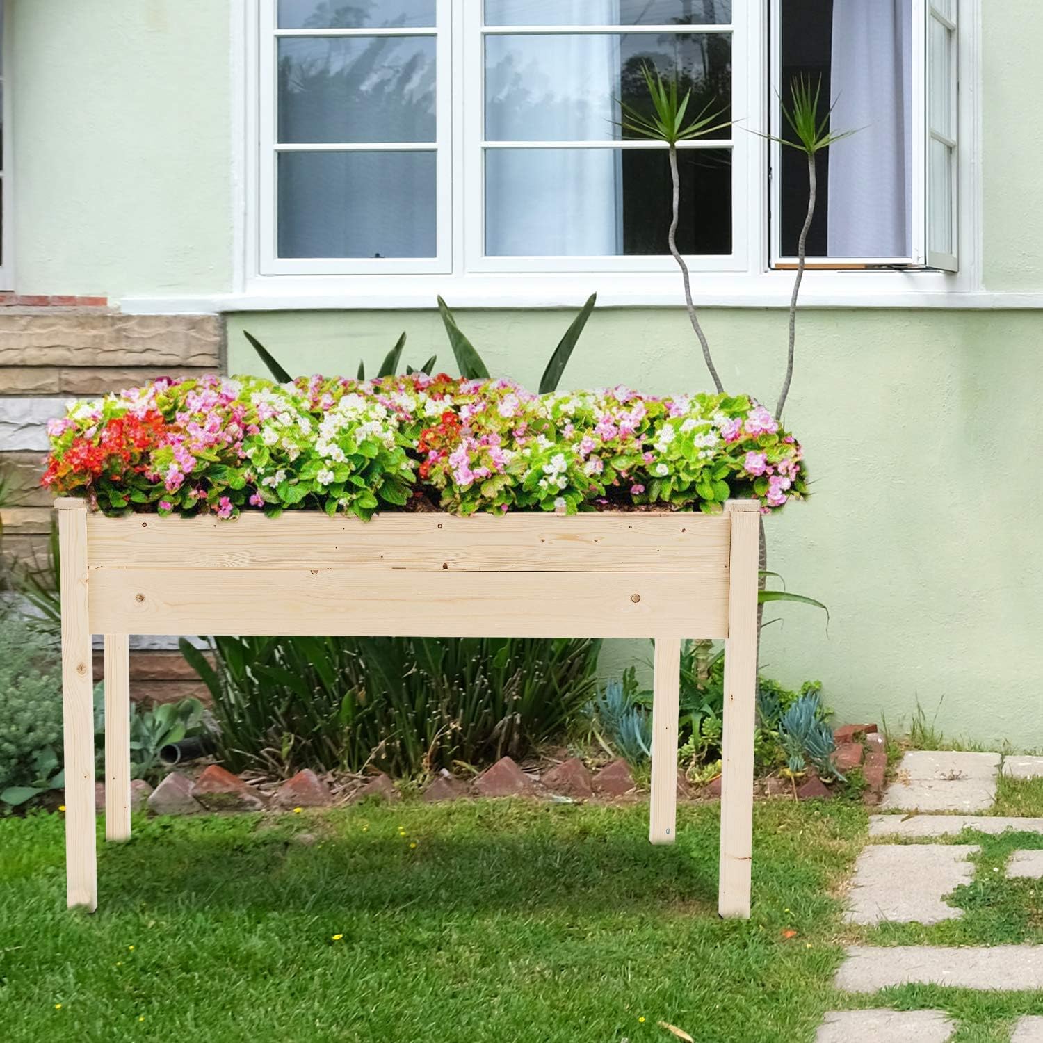 Yiguo Garden Raised Box Elevated 4 Ft Planter Box For Vegetable And Flower Wooden Planting Bed Easy Placement For Garden Balcony Patio